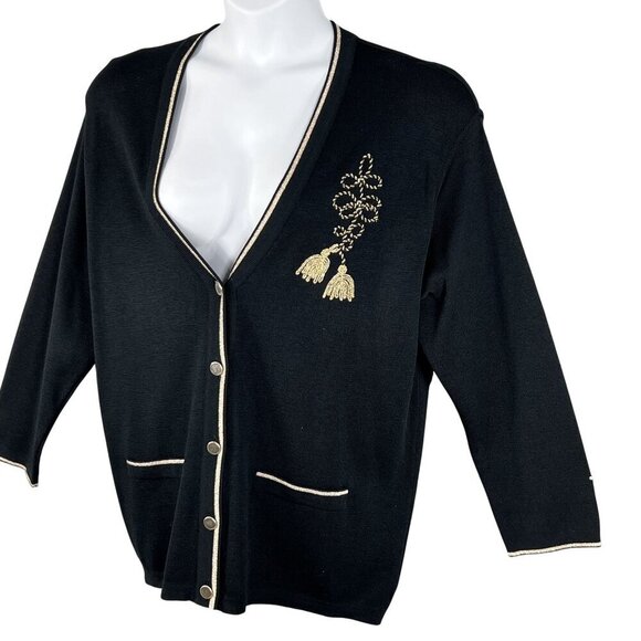 Talbots Womens XL Black Wool Cardigan Gold Embroidery Italy Made Button Up Artsy - Picture 13 of 16